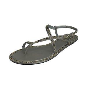 RENEE CAOVILLA Silver Crystal Embellished Satin Toe Ring Flat Sandal -  US 8.5